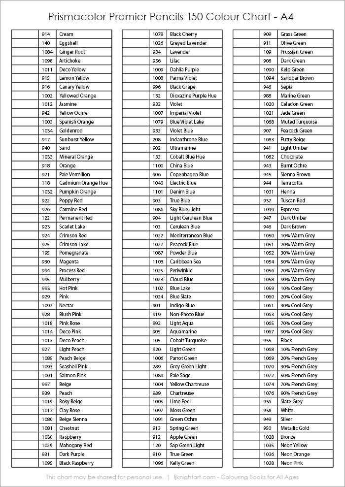 Prismacolor 150 Color Chart Pdf
