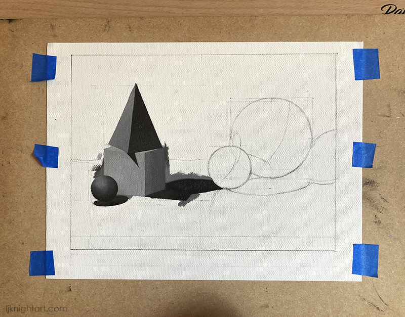 Cube, Pyramid and Spheres -  greyscale oil painting exercise - work in progress. Evolve Artist Block 2 #15