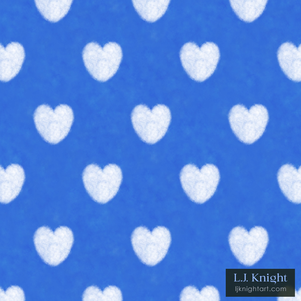Soft Cloud Hearts Pattern by L.J. Knight Fabric and wallpaper pattern with a soft white cloud heart on a rich blue sky background, by L.J. Knight