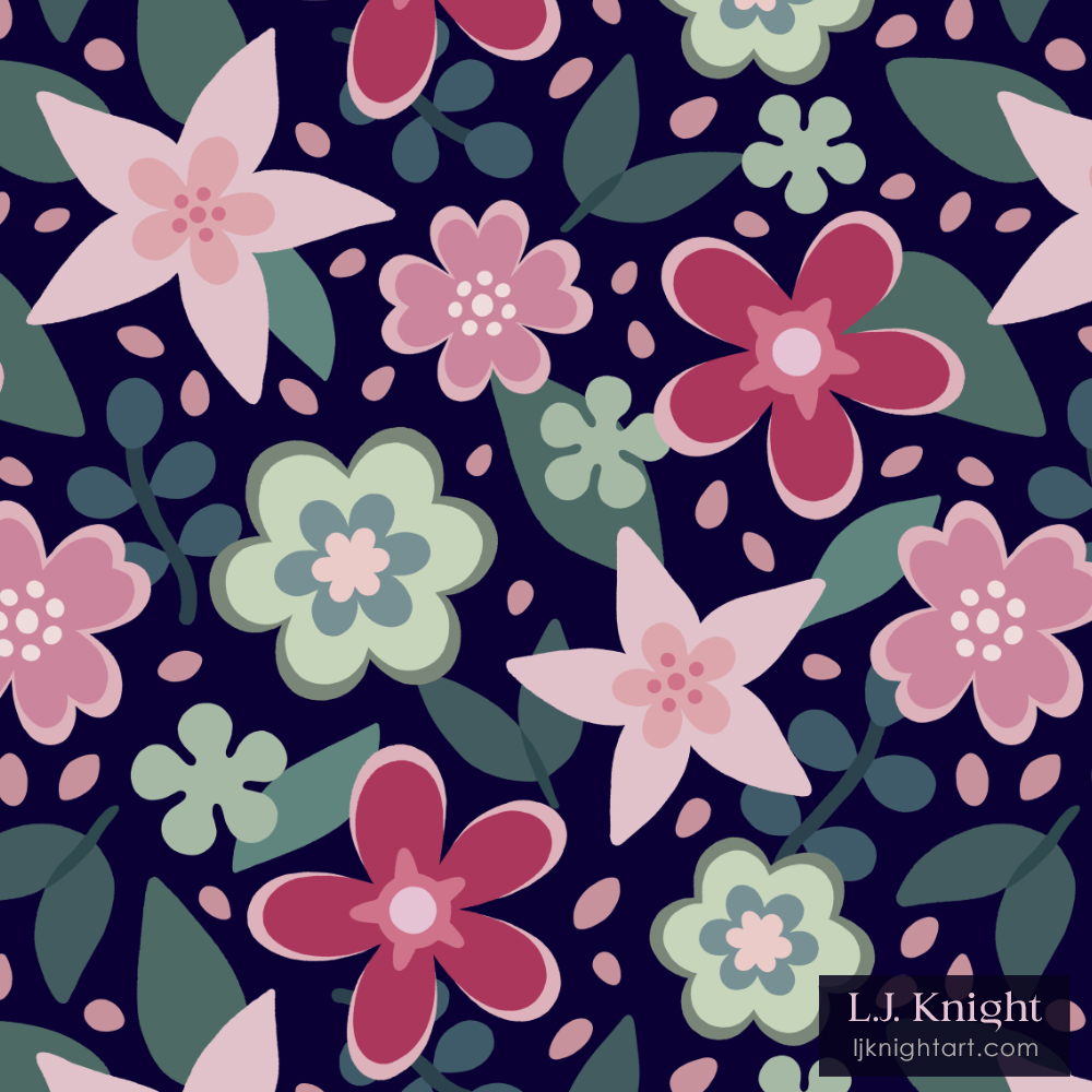 Fun floral pattern with bold simple flowers in a retro style, by L.J. Knight