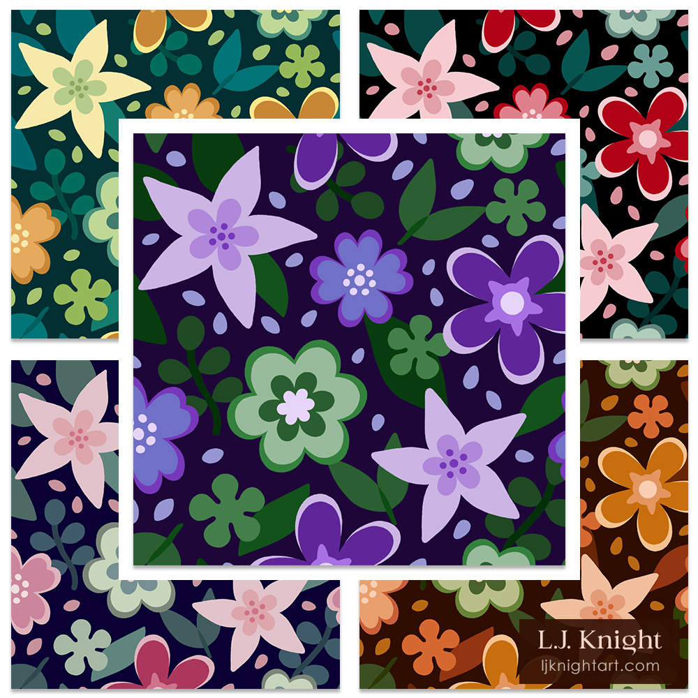 Fun floral pattern with bold simple flowers in a retro style, with different colour variations, by L.J. Knight