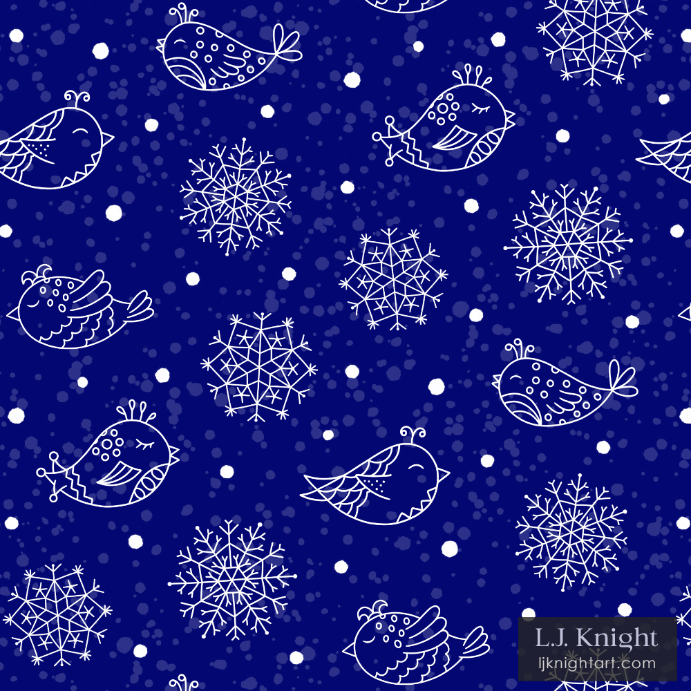 Christmas holiday pattern with cute doodle birds and snowflakes, by L.J. Knight