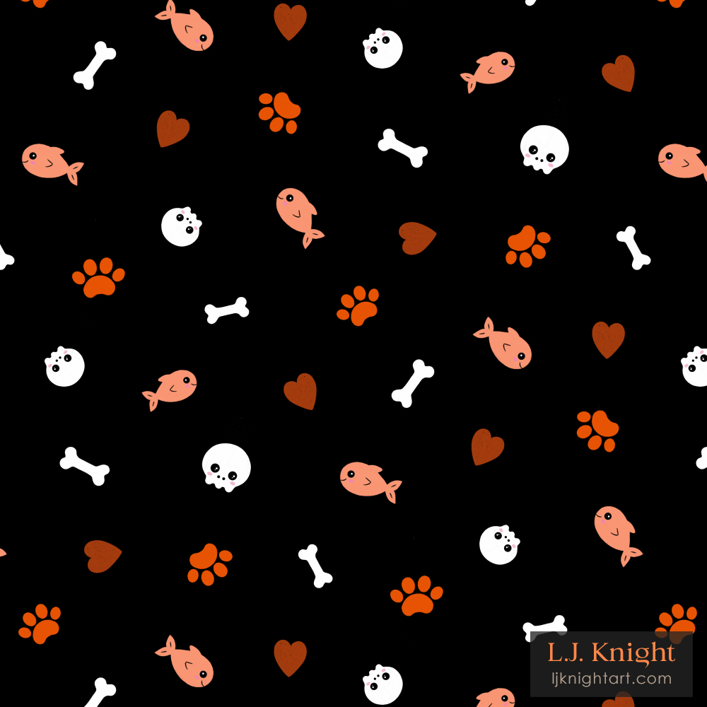 Cute Halloween pattern in kawaii style, with fish, paw prints, hearts, skulls and bones. Orange on a black background. By L.J. Knight