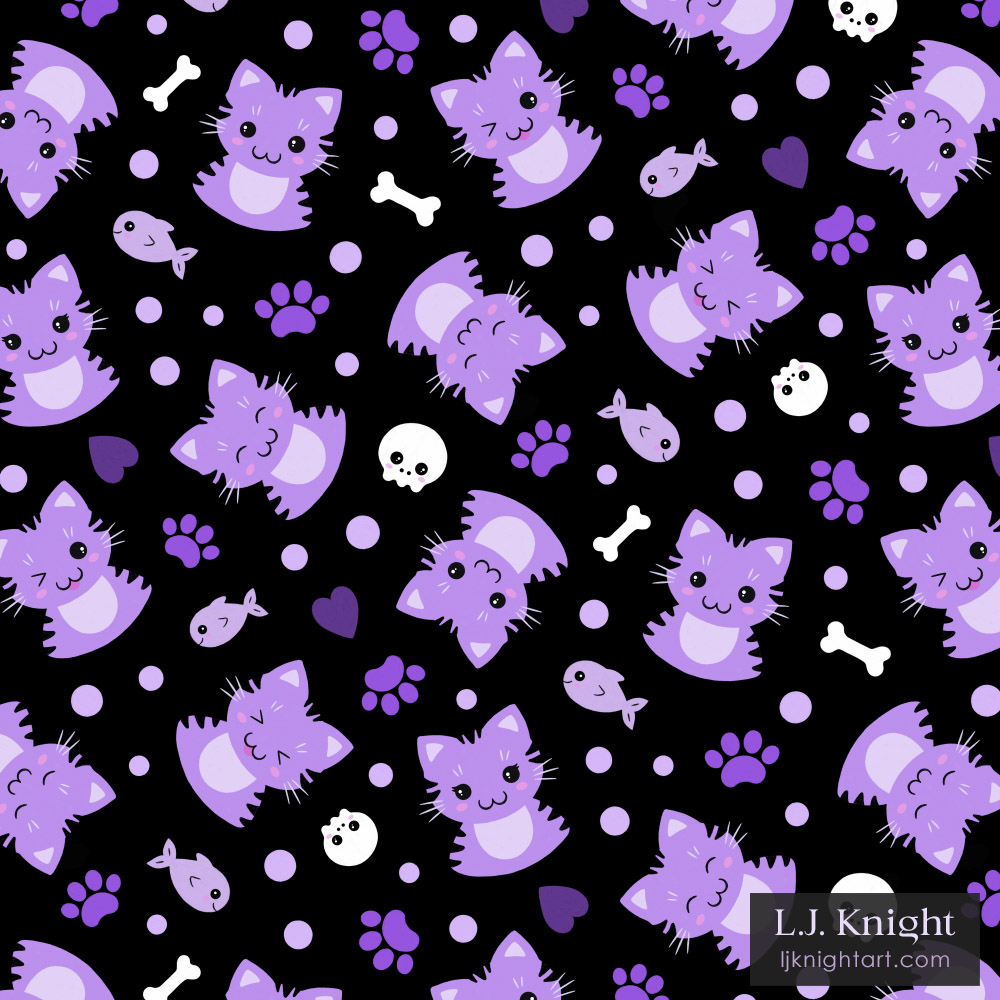 Cute Halloween pattern in kawaii style, with cats, fish, paw prints, hearts, skulls and bones. Purple version on a black background. By L.J. Knight