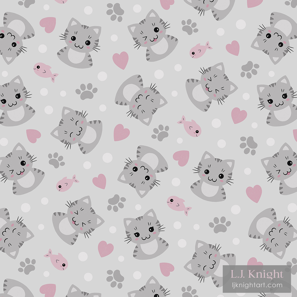 Kawaii cats tossed pattern in grey and pink, for fabric and wallpaper, by L.J. Knight