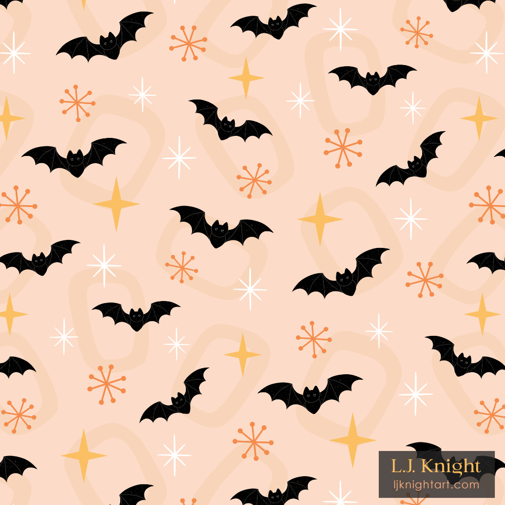 Repeating Halloween pattern in midcentury/midmod style, featuring cute flying bats and abstract geometric elements by L.J. Knight
