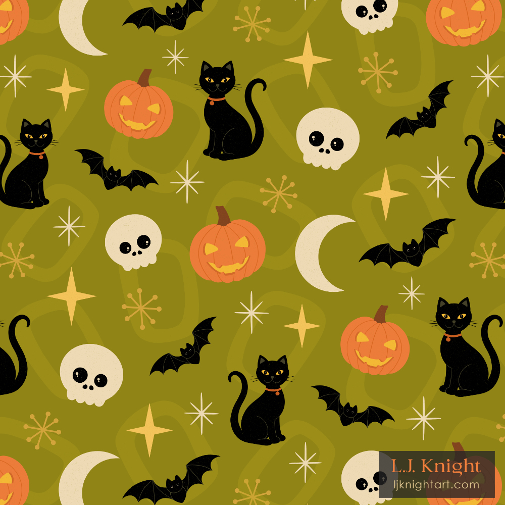 Repeating Halloween pattern in midcentury/midmod style, featuring cute black cats, bats, skulls, pumpkins and abstract geometric elements by L.J. Knight