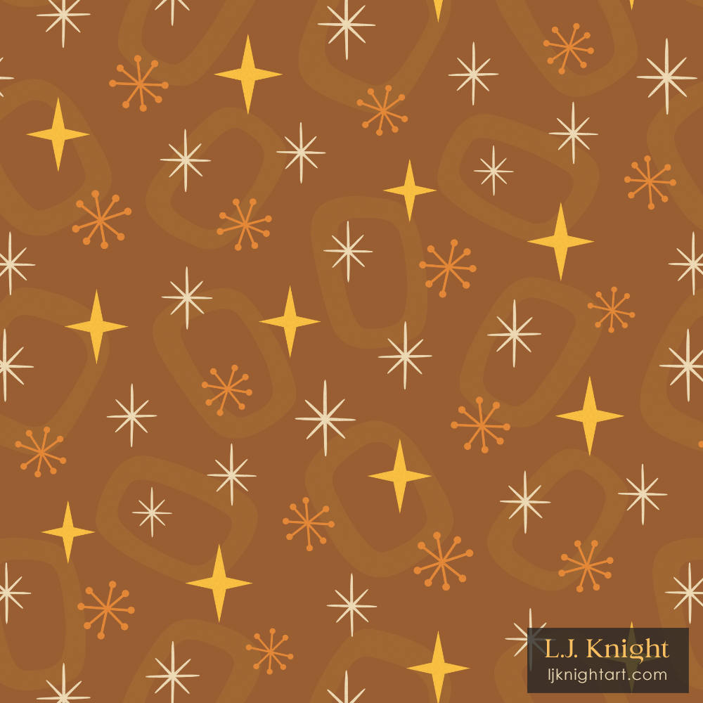 Repeating Halloween pattern in midcentury/midmod style, featuring sparkles, starbursts and abstract geometric elements by L.J. Knight