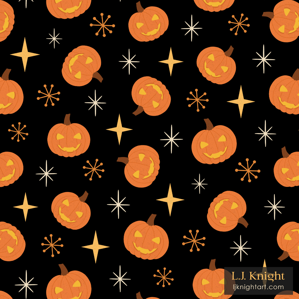 Repeating Halloween pattern in midcentury/midmod style, featuring orange jack-o-lanterns/pumpkins and abstract geometric elements by L.J. Knight