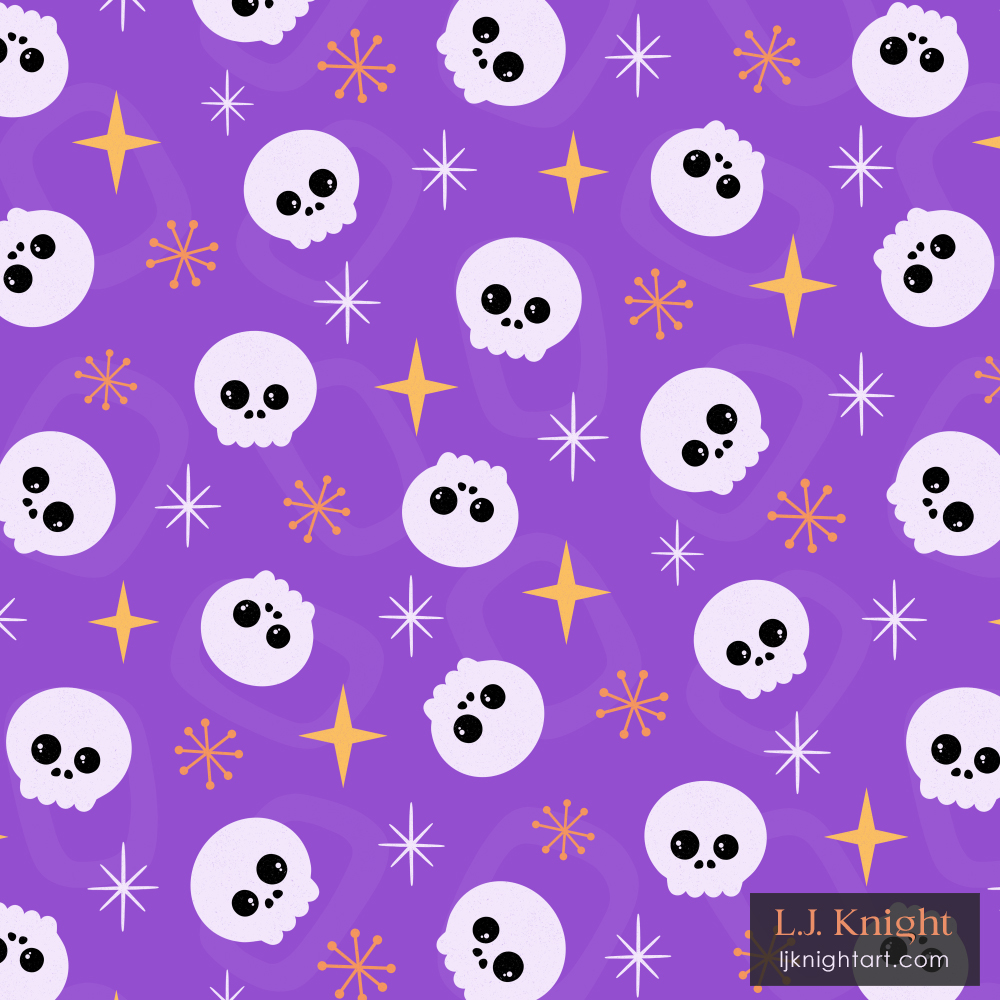 Repeating Halloween pattern in midcentury/midmod style, featuring cute black skulls abstract geometric elements by L.J. Knight