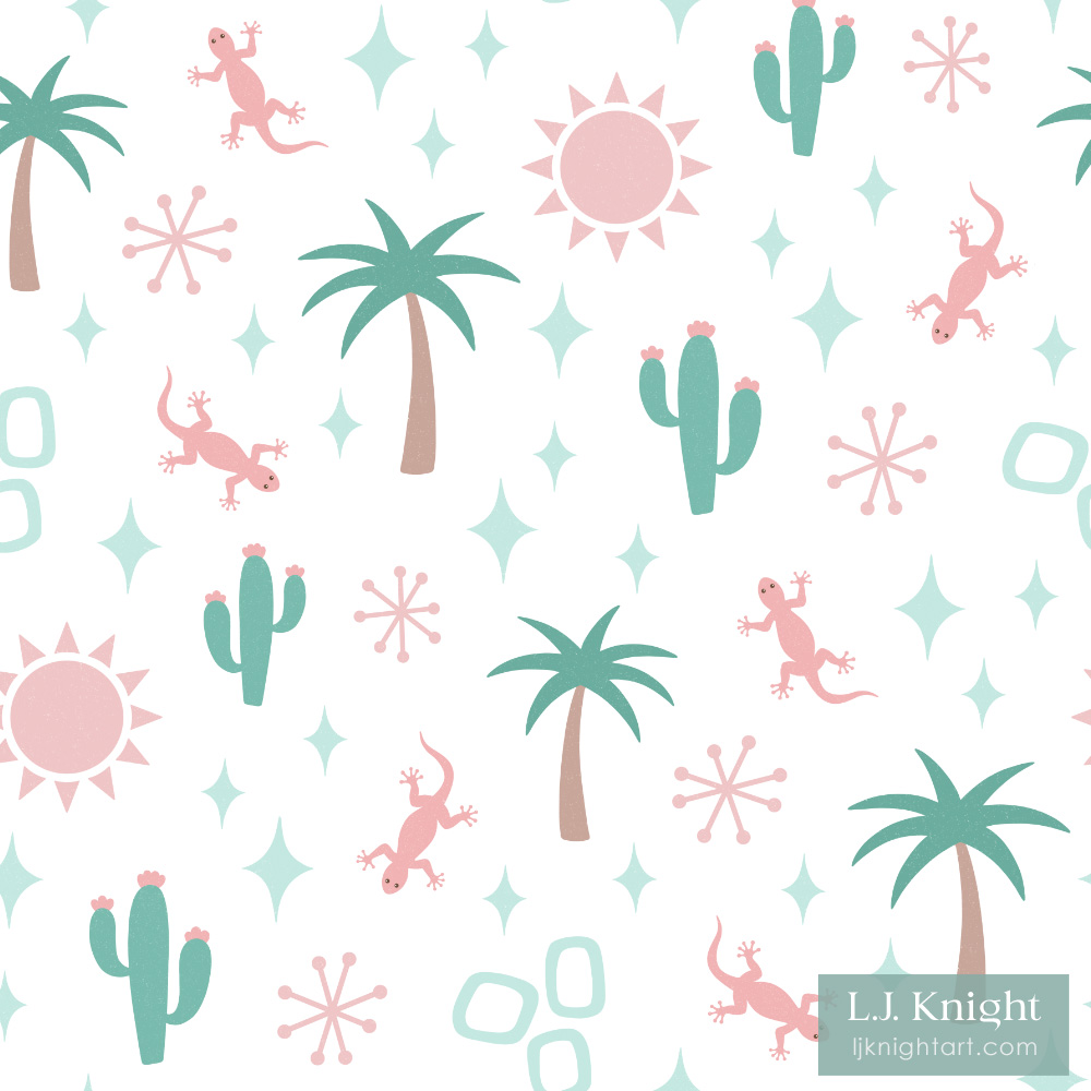 Cute midcentury modern pattern with desert motifs in pink and green, by L.J. Knight