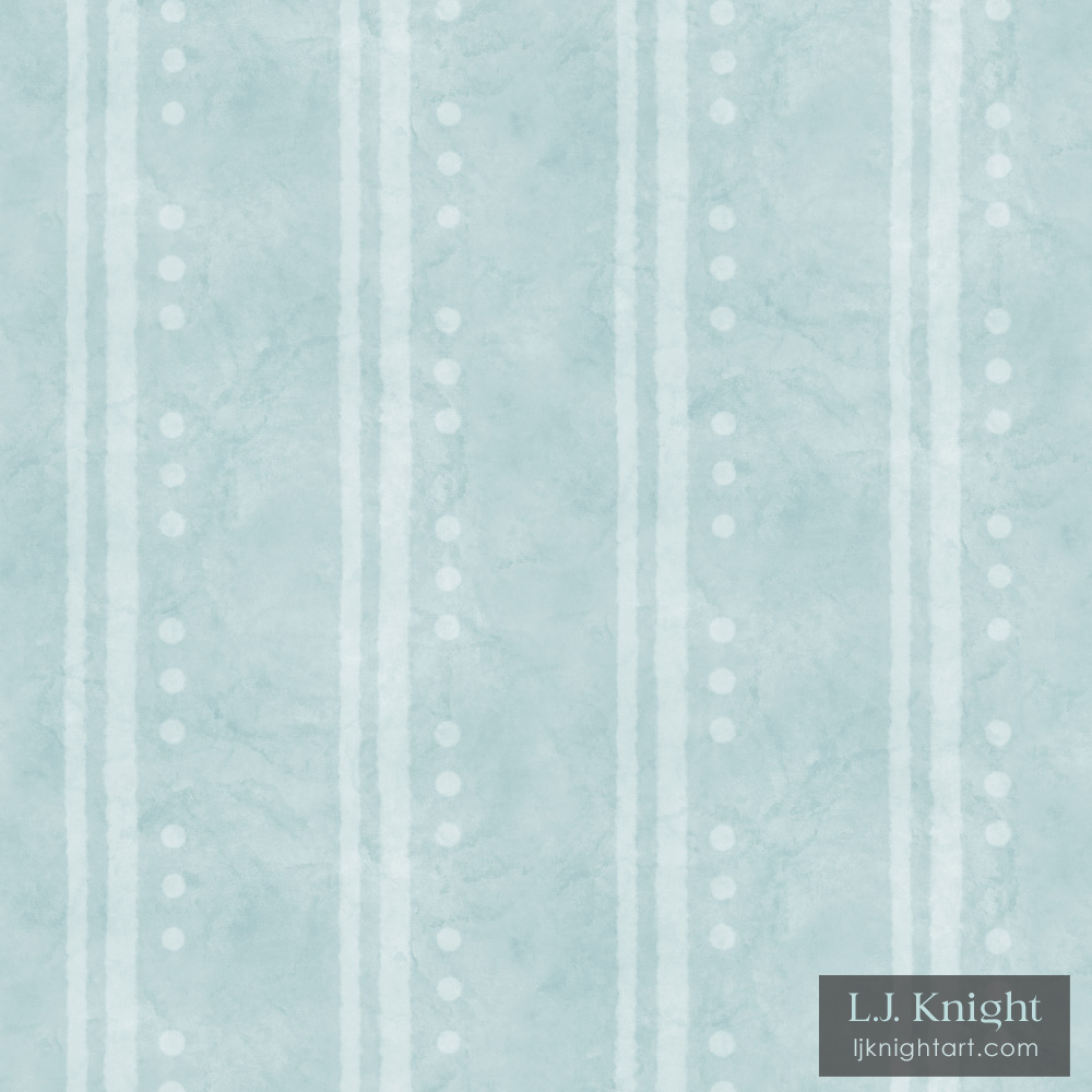 Wallpaper pattern with vertical dotted stripes on a soft turquoise green watercolour background, by L.J. Knight