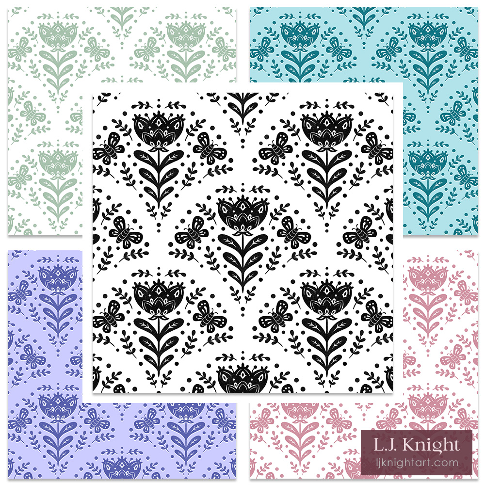 Folk Art Floral Block Print Pattern with Butterflies by L.J. Knight Colour variations for folk art floral pattern design in block print style with fan layout, featuring flowers, leaves and butterflies, by L.J. Knight. For fabric and wallpaper.