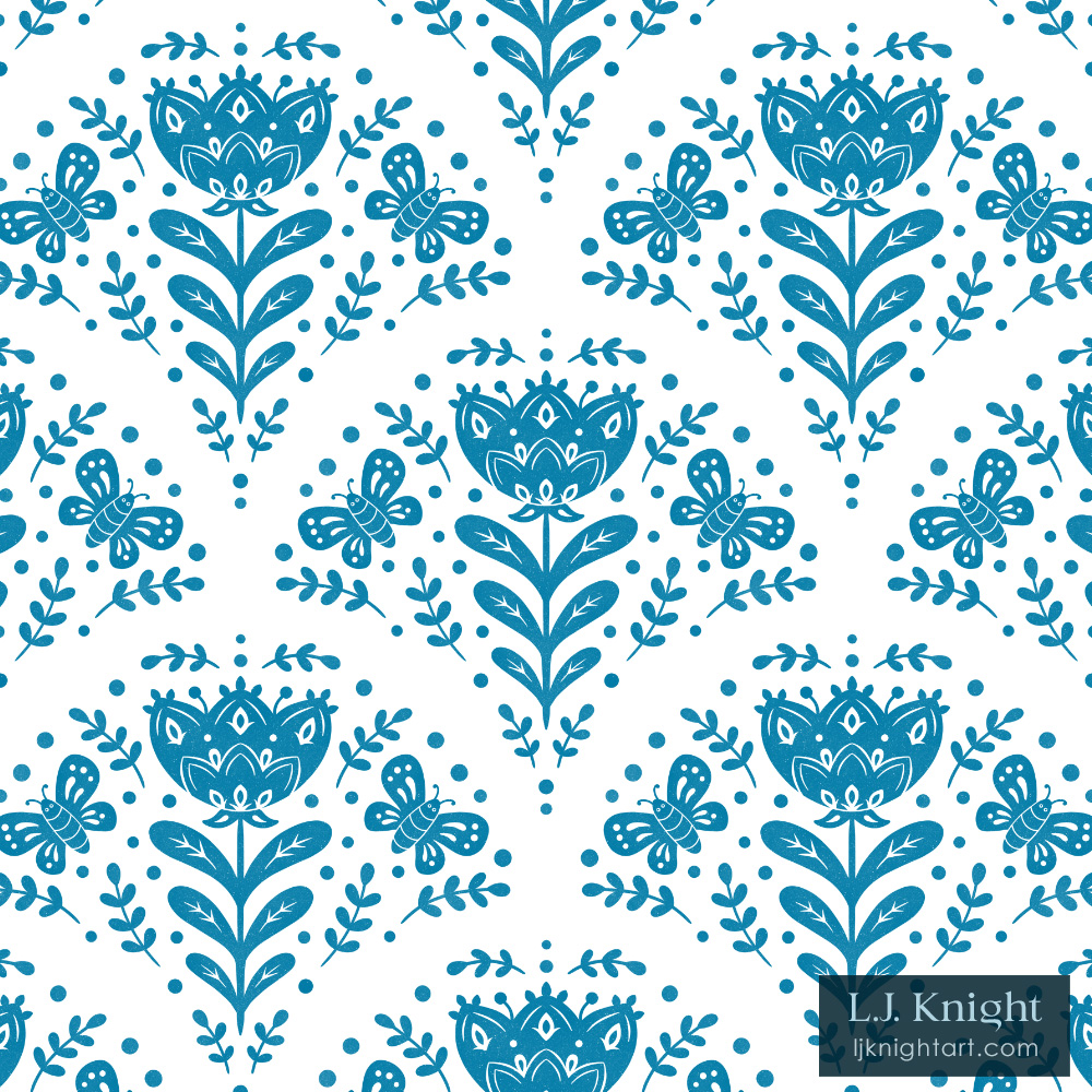 Folk Art Floral Block Print Pattern with Butterflies by L.J. Knight Folk art floral pattern design in block print style with fan layout, featuring turquoise flowers, leaves and butterflies on a white background, by L.J. Knight. For fabric and wallpaper.