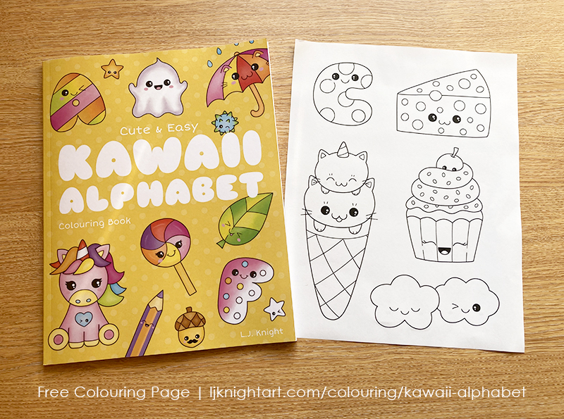 Free letter C colouring page from the Cute & Easy Kawaii Alphabet Colouring Book by L.J. Knight