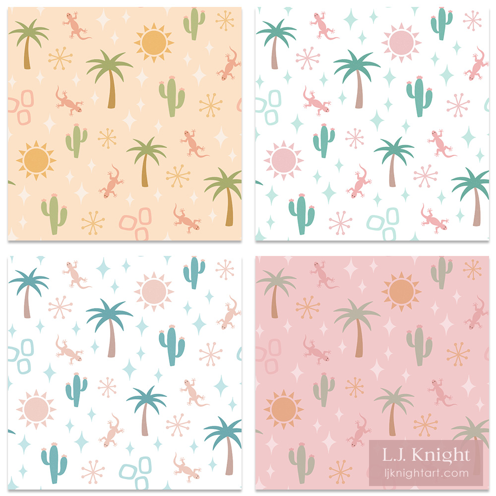 Cute midcentury modern pattern with desert motifs - colour variations, by L.J. Knight