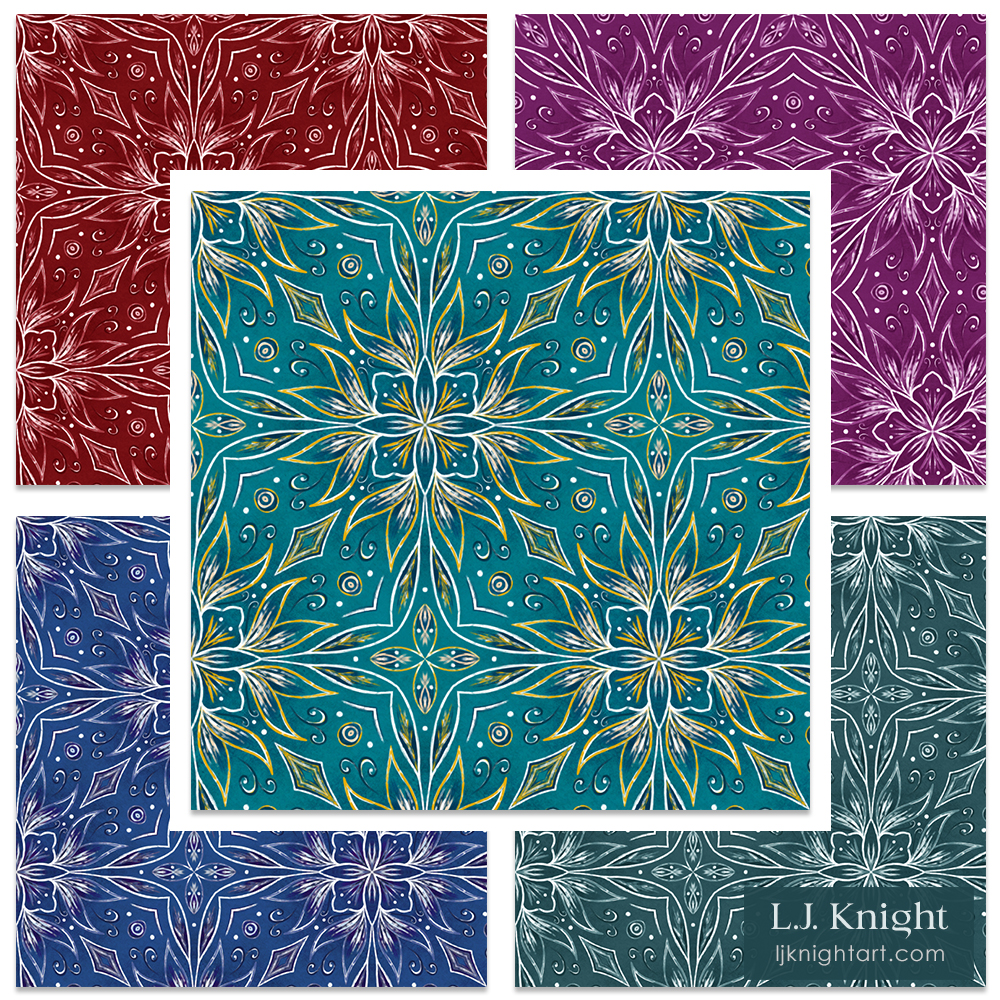 Ornamental Mandala Pattern by L.J. Knight Abstract square mandala pattern with elegant ornamental design in rich jewel tone colours, by L.J. Knight
