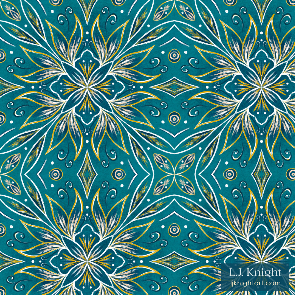 Ornamental Mandala Pattern by L.J. Knight Abstract square mandala pattern with elegant ornamental design in turquoise, by L.J. Knight