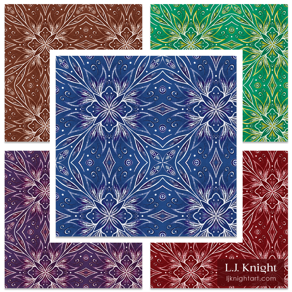 Ornamental Square Mandala Pattern by L.J. Knight Abstract square mandala pattern with elegant ornamental design in blue, green, brown, purple and red, by L.J. Knight