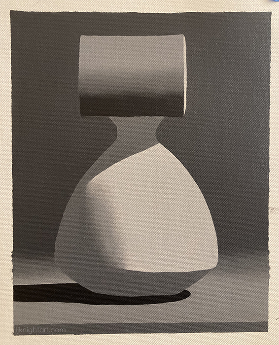 Vase and cylinder - greyscale oil painting exercise on canvas