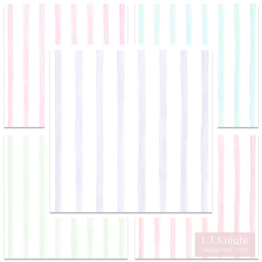 Hand painted vertical watercolour stripe pattern on white background for wallpaper and fabric (pale muted version), by L.J. Knight