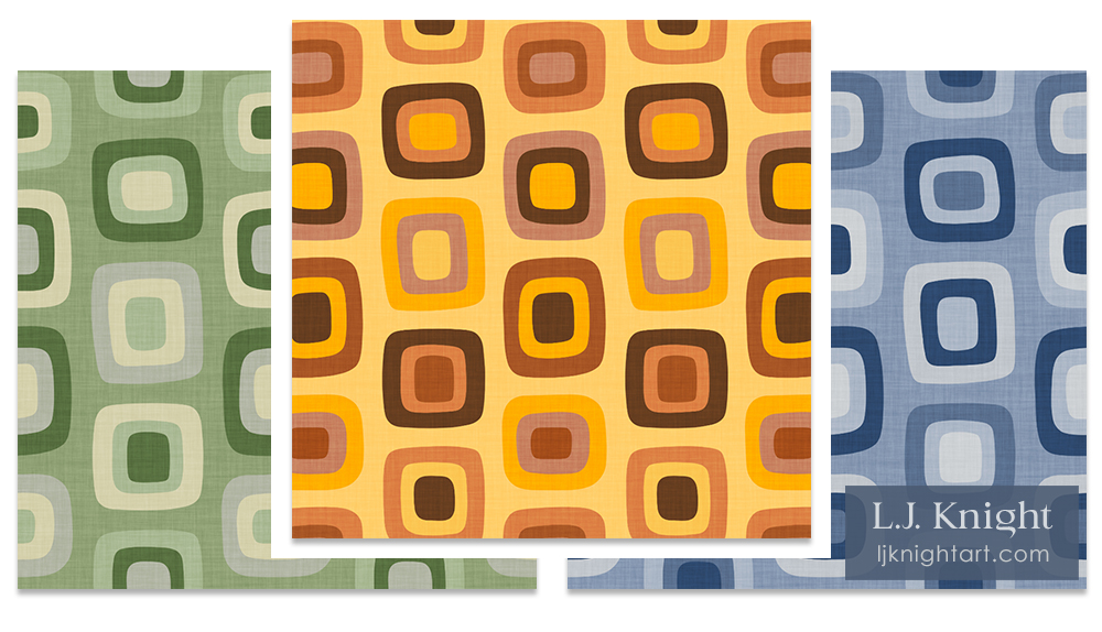 Retro 70s Geometric Squares Pattern by L.J. Knight Bold retro midcentury pattern with geometric square motifs, in green, yellow and blue palettes, for fabric & wallpaper by L.J. Knight