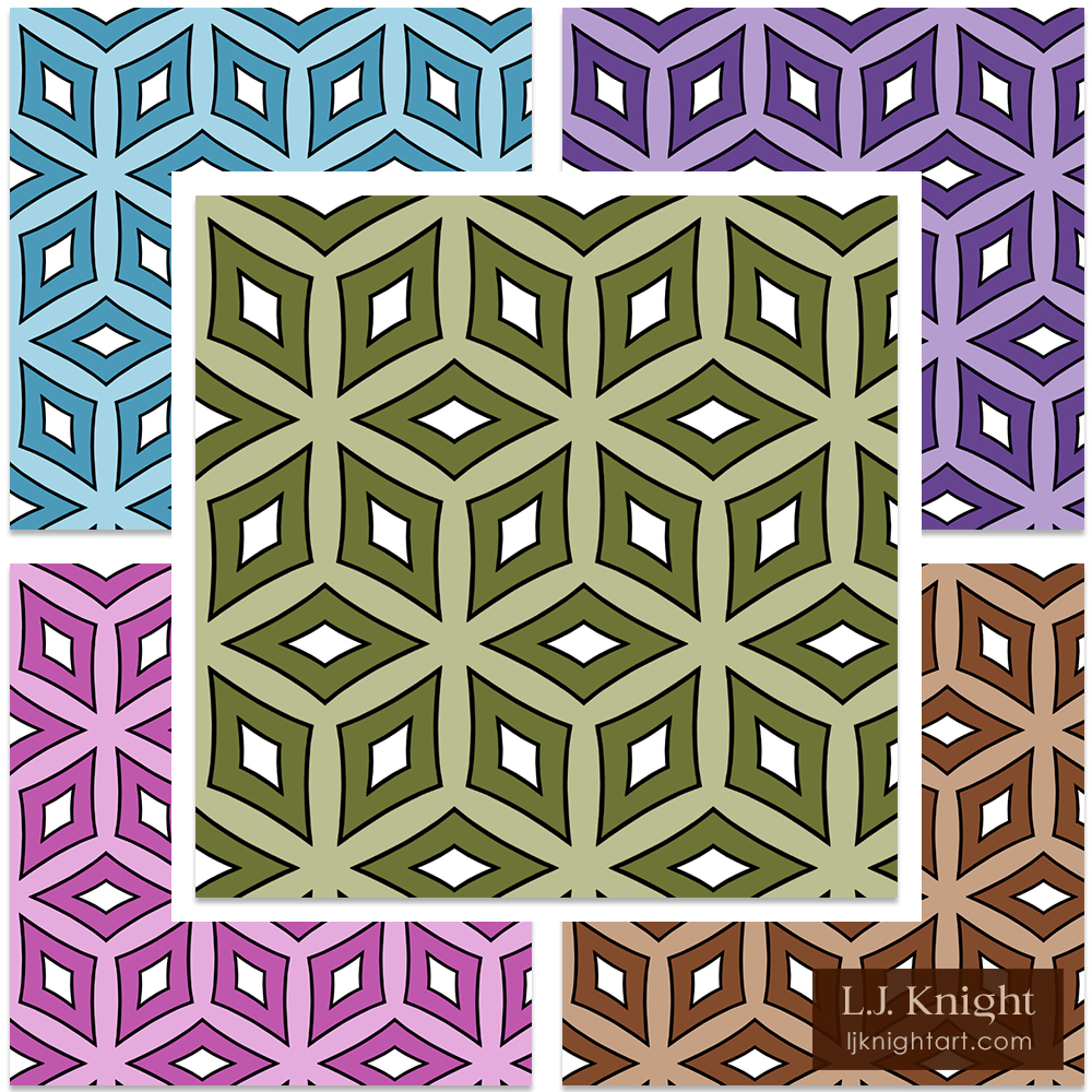 Retro Geometric Pattern Colour Variations by L.J. Knight Colour variations for geometric hexagon pattern by L.J. Knight, in brown, pink, purple, olive green and turquoise blue.