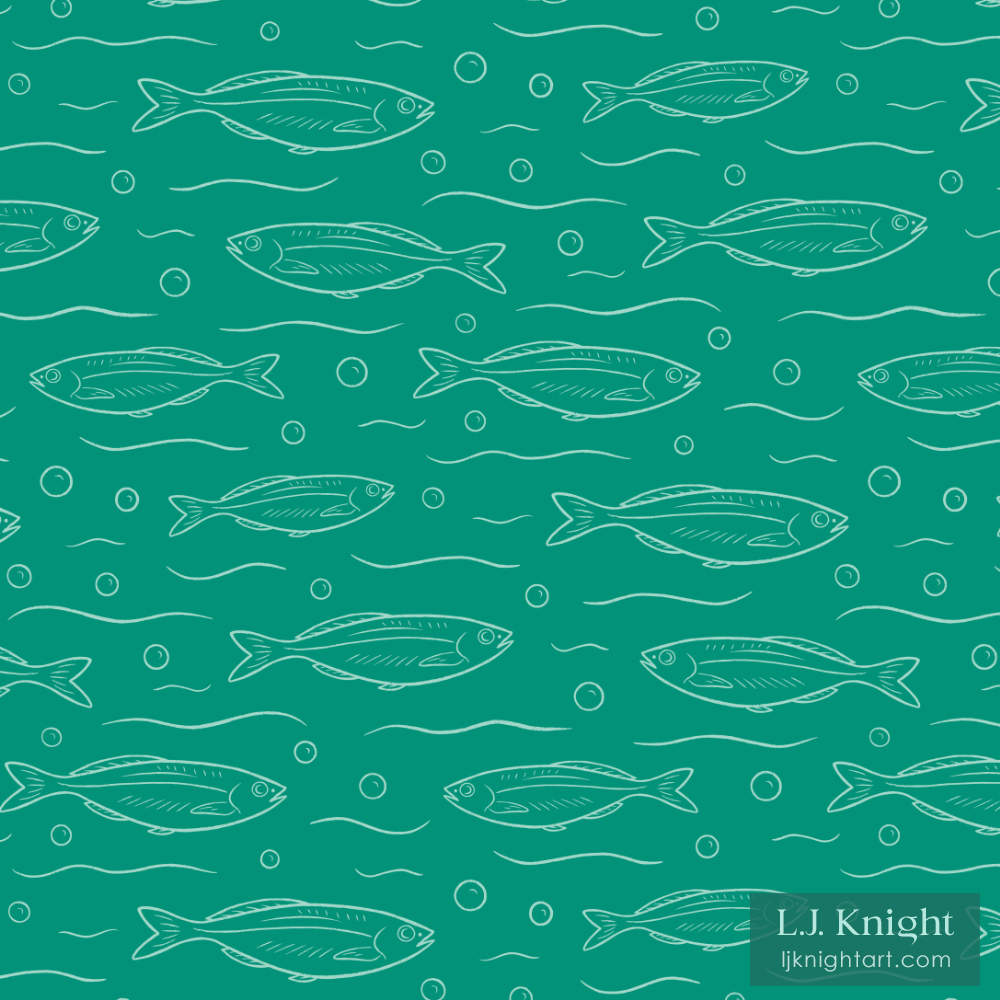 Fish pattern fabric and wallpaper, with sardine line drawings in light green on dark background by L.J. Knight