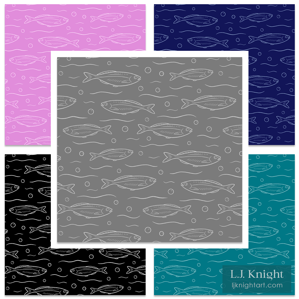 Tonal monochromatic fish pattern fabric and wallpaper, with sardine line drawings on dark background by L.J. Knight