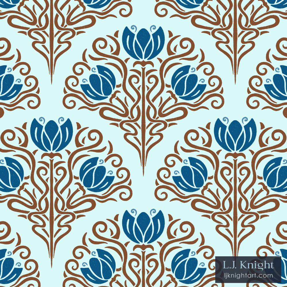 Turquoise blue and brown floral fan  pattern in Art Nouveau style,  by L.J. Knight