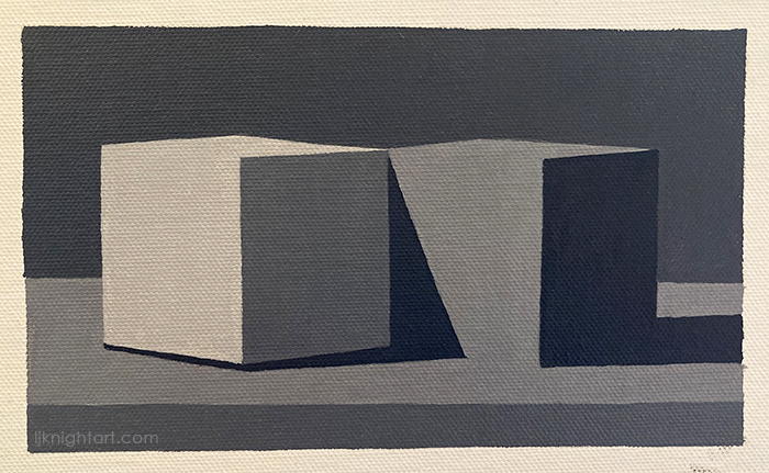 Two cubes - greyscale oil painting on canvas