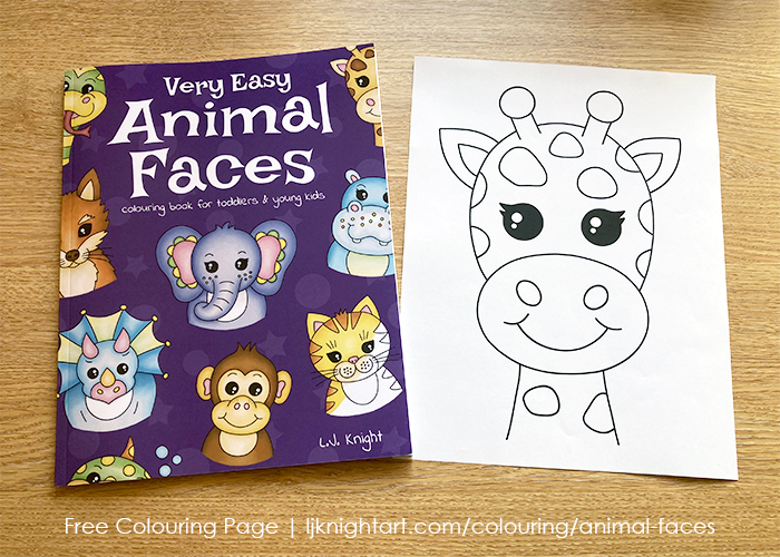 Free printable giraffe colouring page from the Very Easy Animal Faces Colouring Book for Toddlers and Young Kids by L.J. Knight