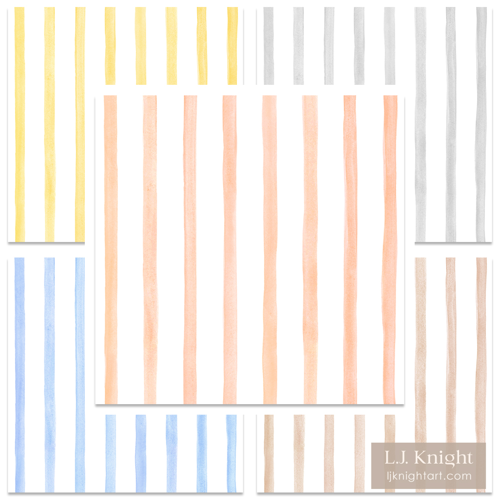 Hand painted vertical watercolour stripe pattern on white background for wallpaper and fabric, by L.J. Knight