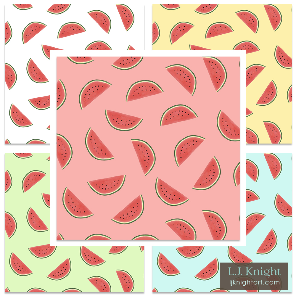 Cute watercolour watermelon pattern with tossed design in various colourways, by L.J. Knight
