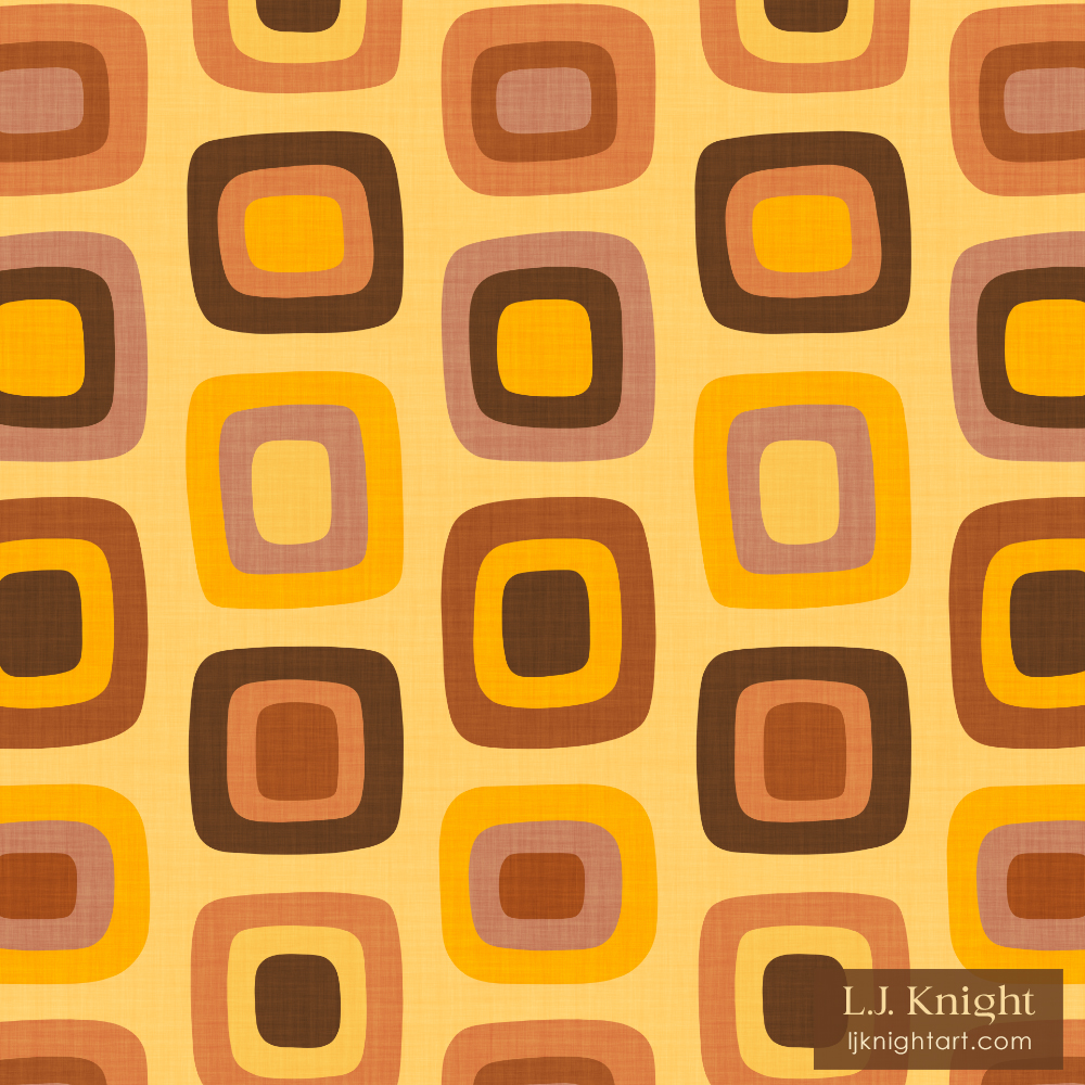 Retro 70s Geometric Squares Pattern by L.J. Knight Bold retro midcentury pattern with geometric square motifs, in seventies yellow, orange and brown colours, for fabric & wallpaper by L.J. Knight