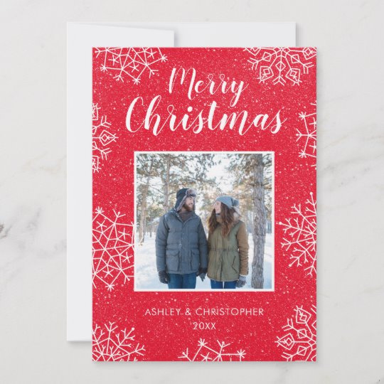 Customisable red and white snowflakes Christmas holiday photo card