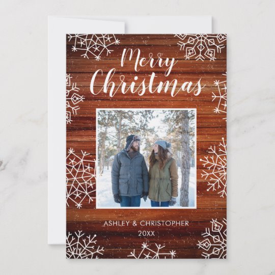 Customizable rustic wood and snowflakes Christmas holiday photo card