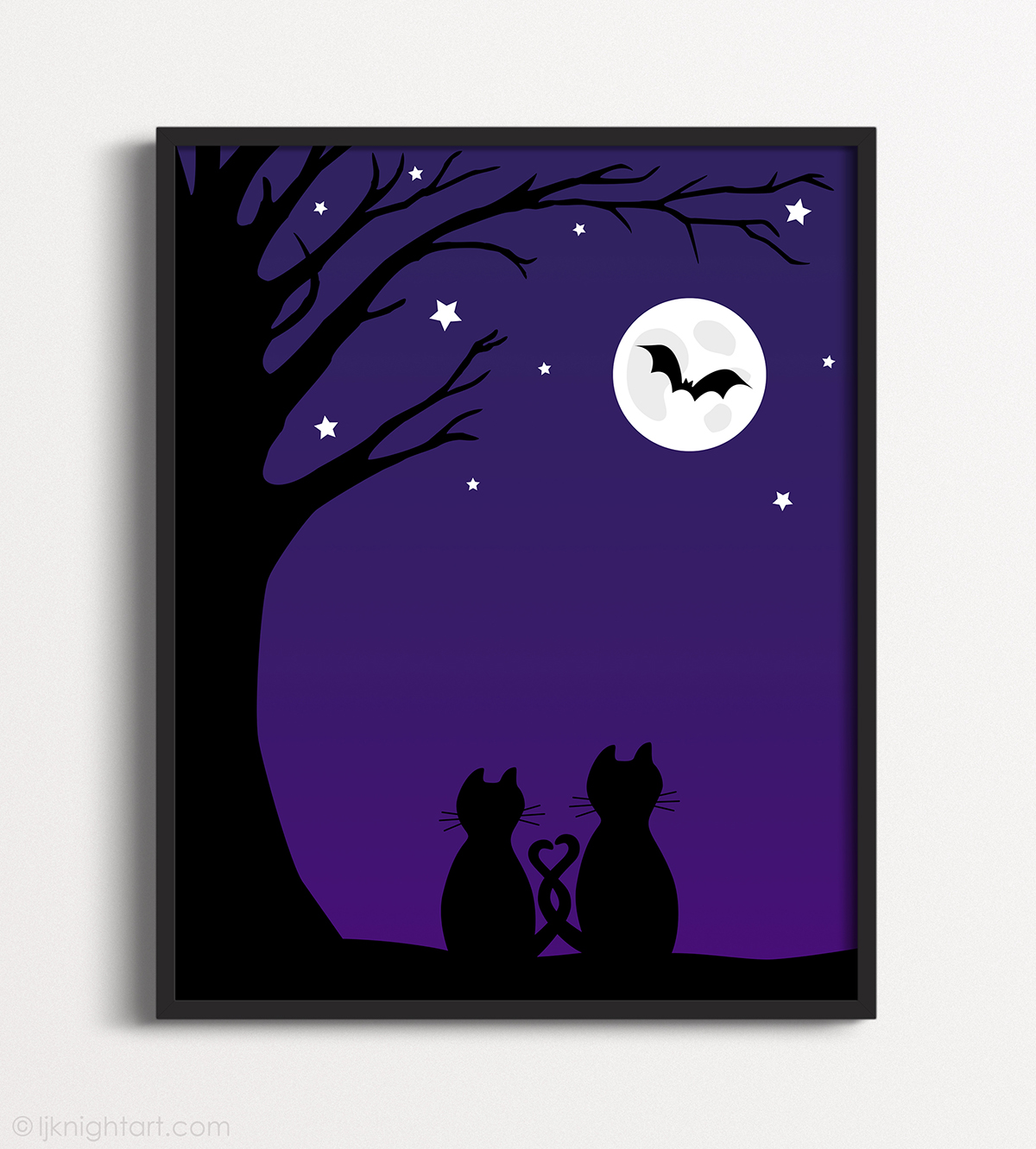 Wall art with two silhouette cats sitting under a tree and gazing up at the moon and a purple sky