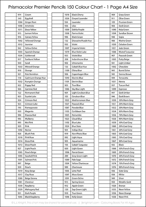 Prismacolor 150 Color Chart Pdf