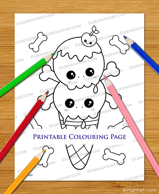 Kawaii Skull Cone Printable Colouring Page