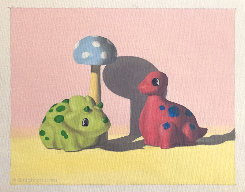 Dinosaurs and Mushroom - oil painting exercise on canvas. Evolve Artist Block 3 #20