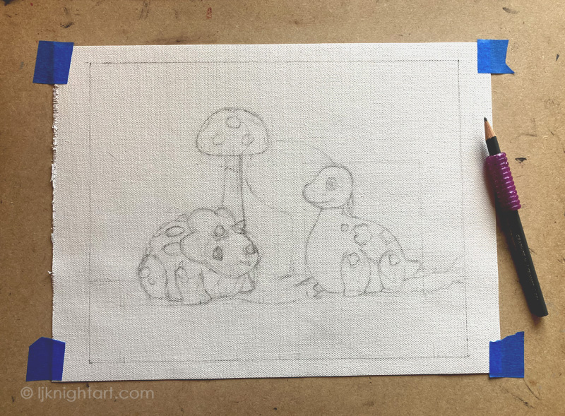Dinosaurs and Mushroom - final drawing on canvas. Evolve Artist Block 3 #20