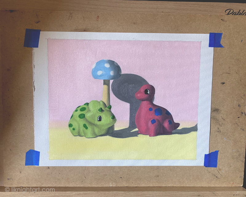 Dinosaurs and Mushroom - oil painting exercise on canvas. Evolve Artist Block 3 #20